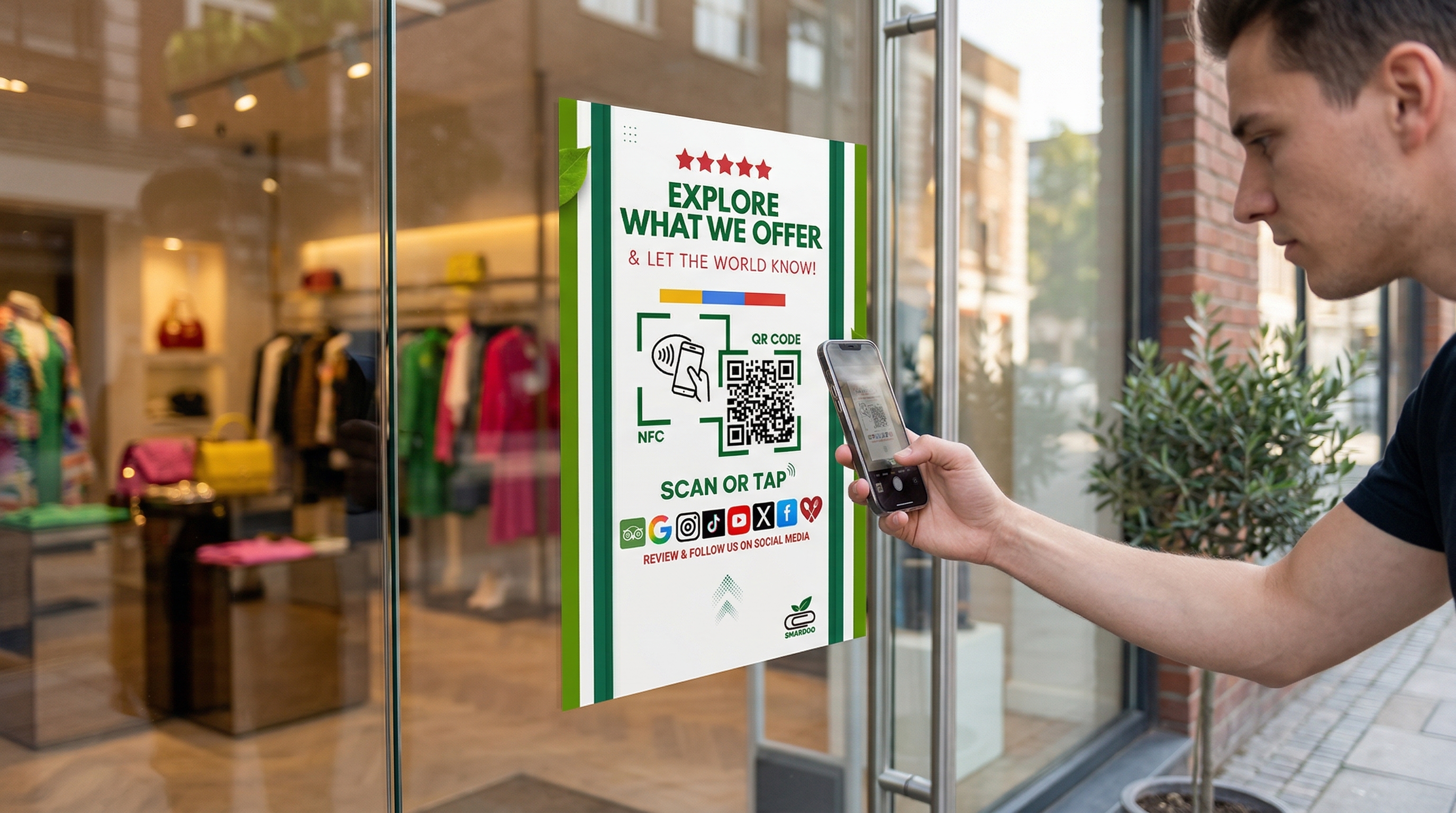 Smardoo NFC sticker σε βιτρίνα καταστήματος